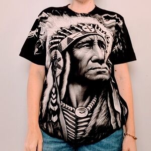 Vintage Rock Eagle T Shirt, Black & White All Over Native Chief Graphic Tee